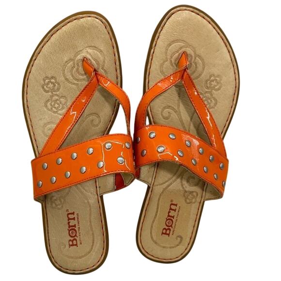 Born Orange Patent Leather Studded Slip-On Sandals Women's Size 7 EU 38 - Picture 2 of 7